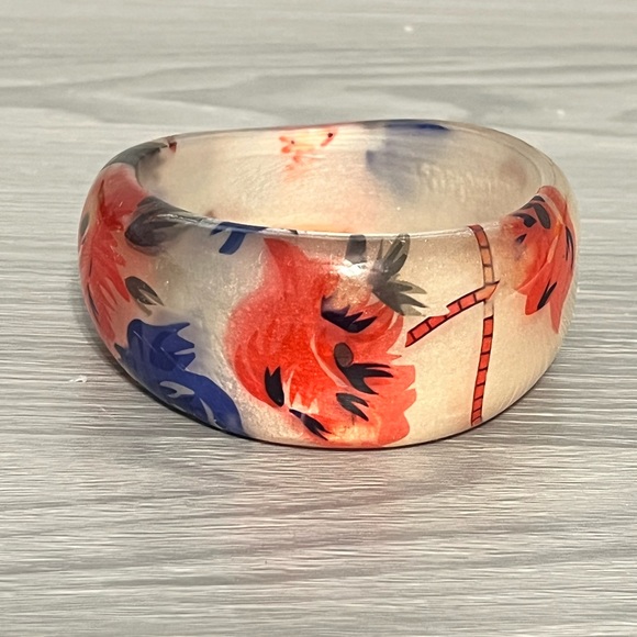 Jewelry - Vintage Plastic Bangle Bracelet, Pearl White w/ Blue and Red Floral Design, Boho